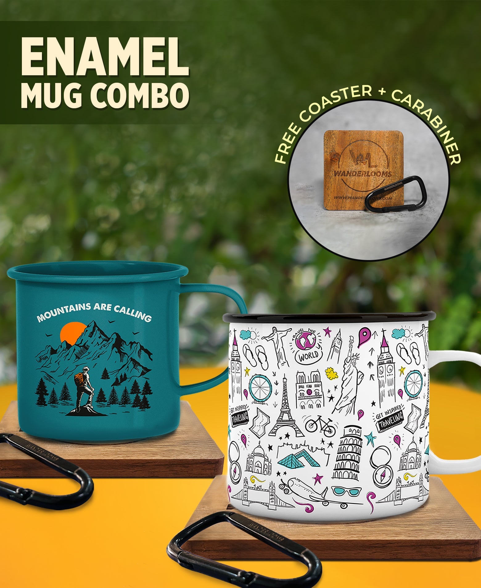 Around the World and Mountains are Calling Enamel Mug Combo