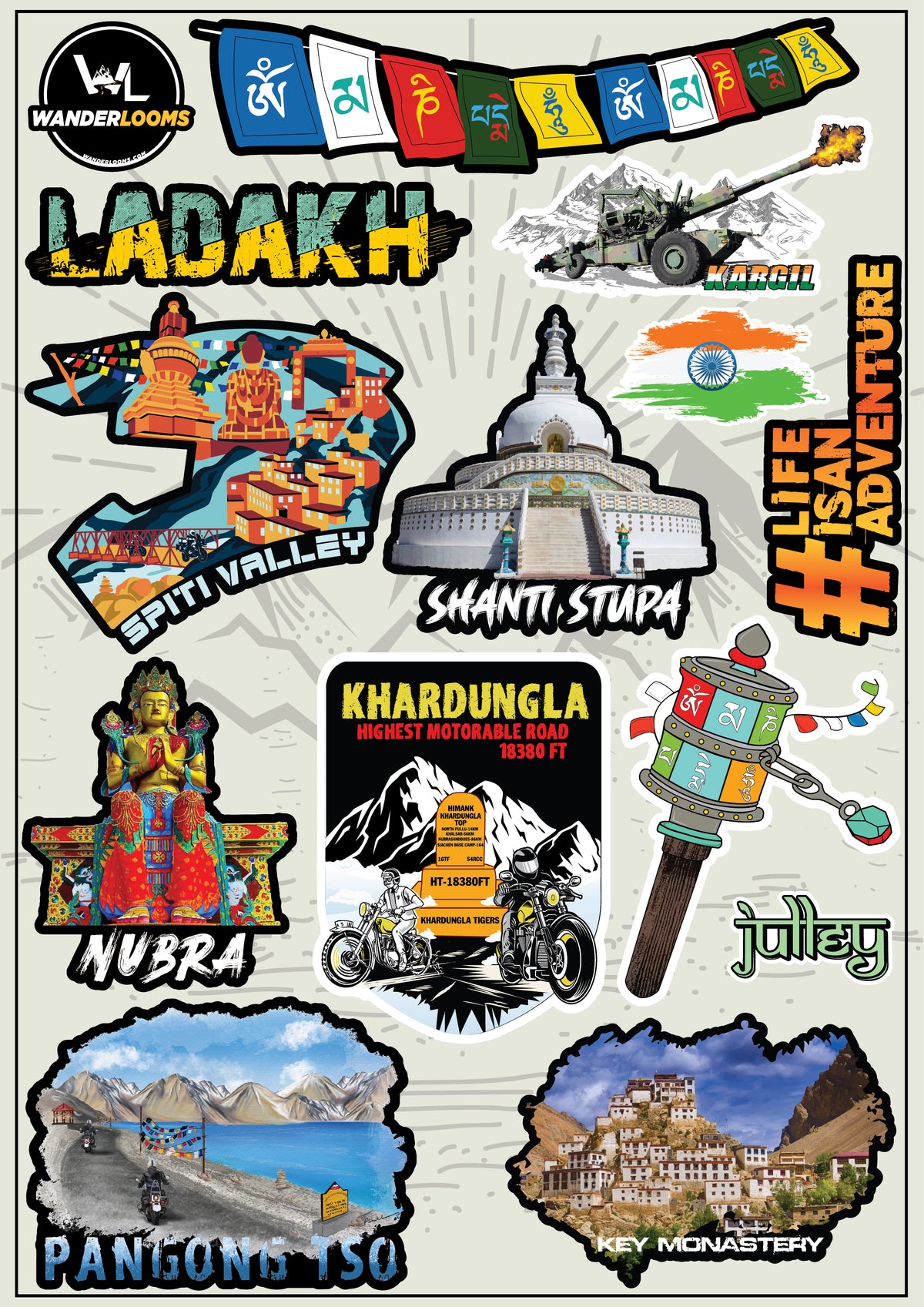 Wanderlooms Ladakh Odyssey Sticker Sheet (14 Stickers) | Adventure Stickers